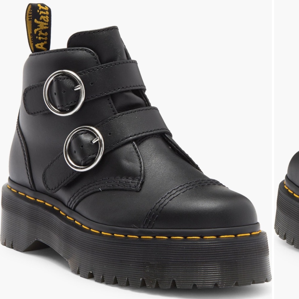 Dr. Martens Black Leather Buckle Combat Boots with Yellow Stitching